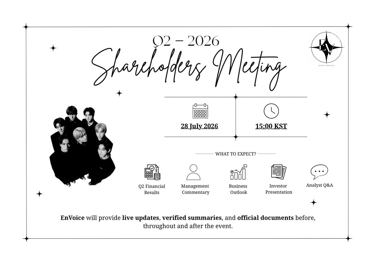 ENVOICEs's tweet photo. ✦︎ — ENVOICE BRIEFING 005

D-3 — Q2 2026 Shareholders Meeting

Our pre-meeting coverage is now underway.

In the days leading up to the meeting, EnVoice will continue examining HYBE’s 2025 Annual Report and Q1 2026 results, providing the corporate and financial context needed to better understand the upcoming discussions.

On the day of the meeting, we will share verified updates, clear summaries and relevant official documents as they become available.

Stay tuned as our coverage progresses.
