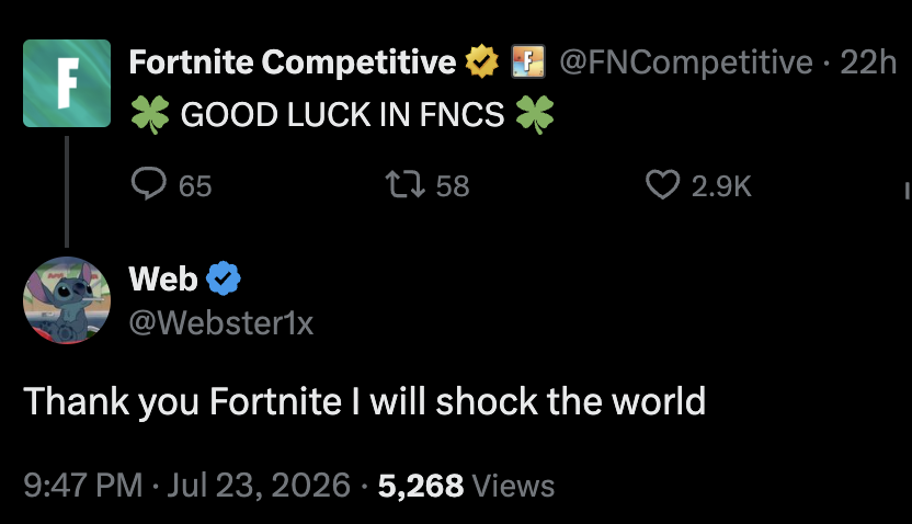 FNCompetitive's tweet photo. it worked, welcome to the FNCS Finals @encryptedfn and @Webster1x! https://t.co/Ux42RETMMh