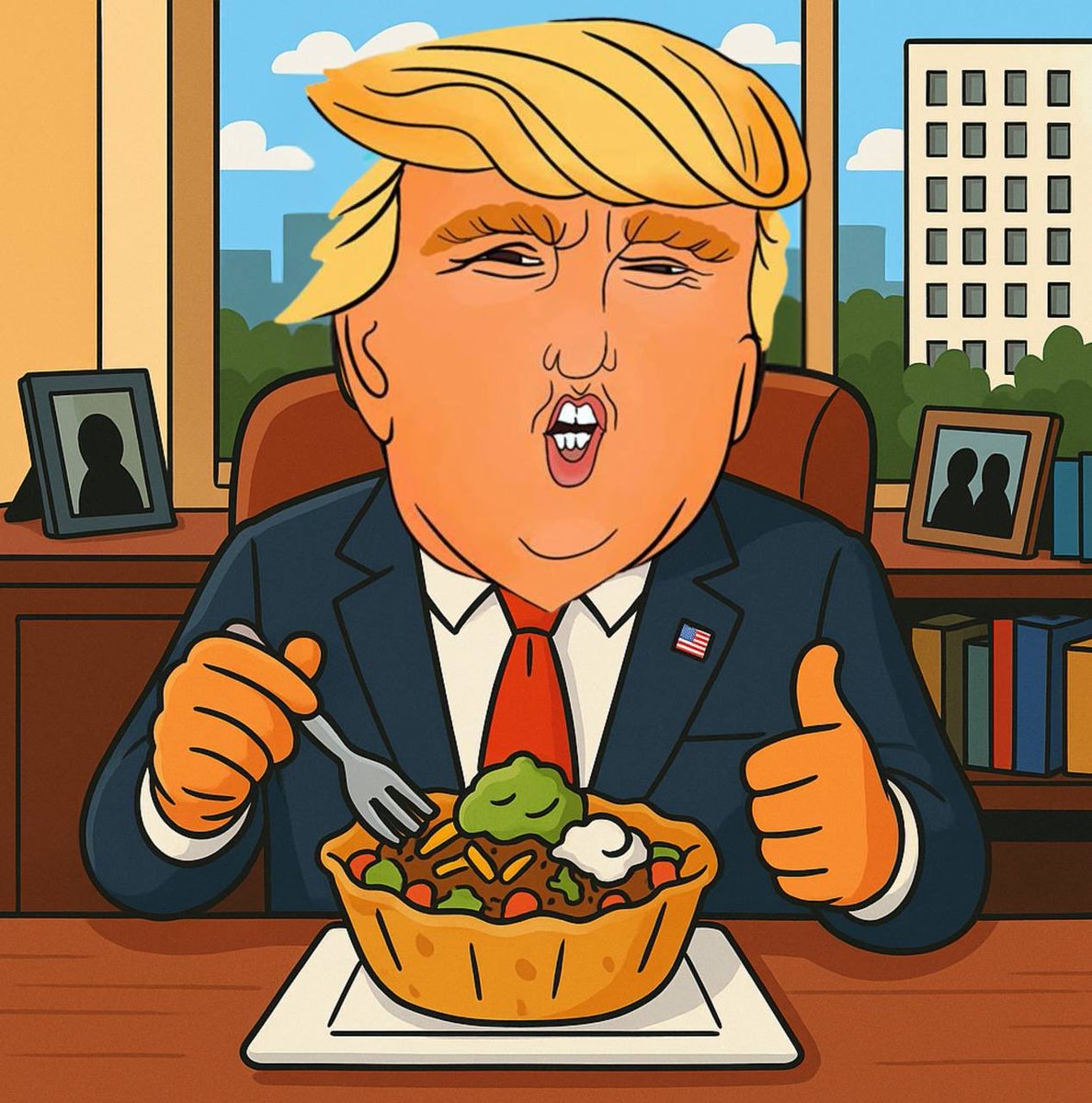 realTrumpMania's tweet photo. Massive tariffs coming to Mexico until they stop sending their explosive diarrhea lettuce! I love Hispanics, but they are not sending their best. Until then, the Taco Bowls at Trump Tower have been MARKED SAFE FROM THE RUNS! https://t.co/7u6lGubzqT