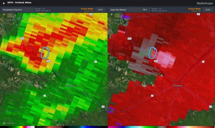 StormScopeME's tweet photo. So here is everything together in regards to the 07/22 event, including the velocity and precip. depictions for during and after my phone call to the NWS. First velocity image is while I was on the phone with the NWS, the second one is a few minutes after when I was repositioning to be further in front of the storm.