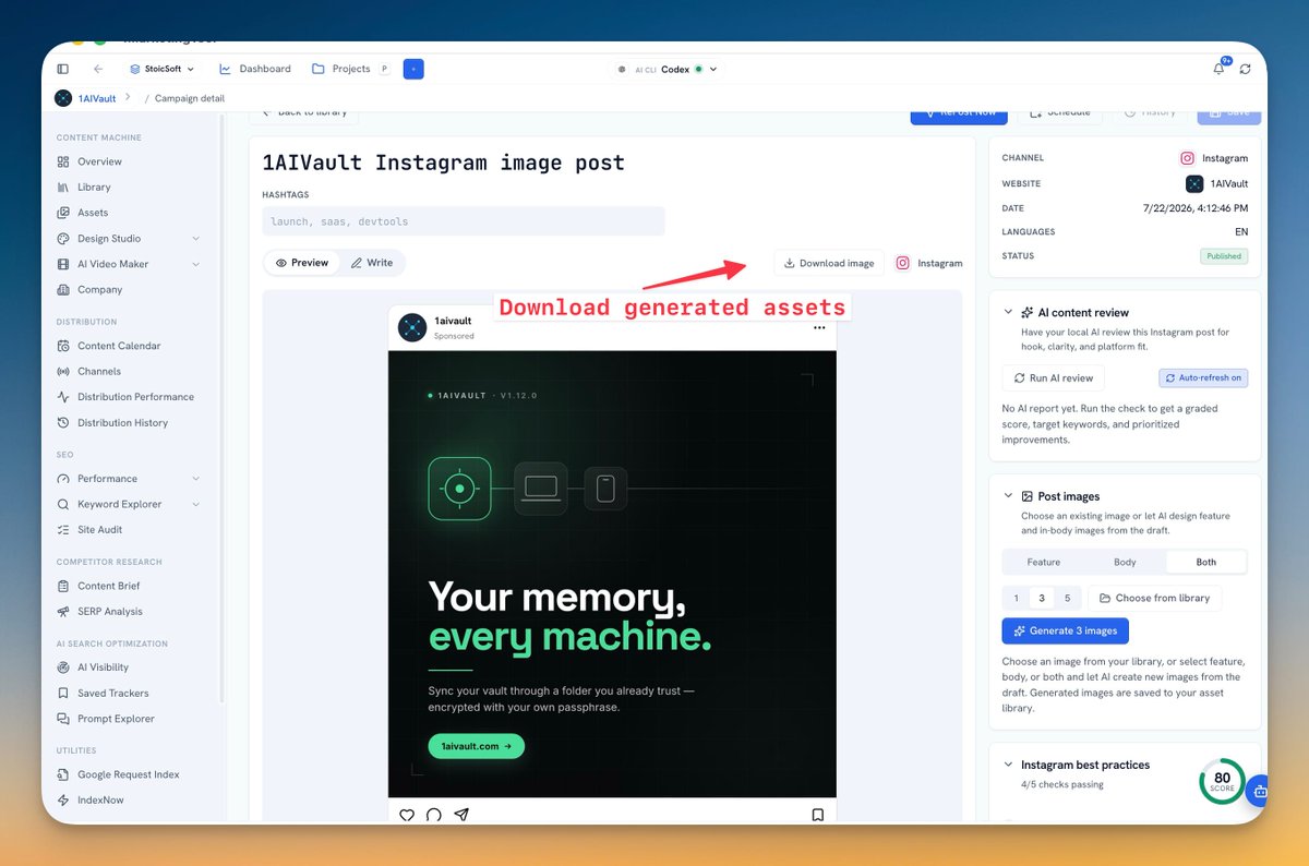 stoicsoft's tweet photo. Stop guessing whether Google indexed your pages. 1MarketingTool v0.11.0 shows each URL's real verdict in your index history: indexed, not indexed, or unknown. Plus cross-post any piece to another channel. Update and ship faster. #SEO #indiehackers https://t.co/I9vDoSoKjl