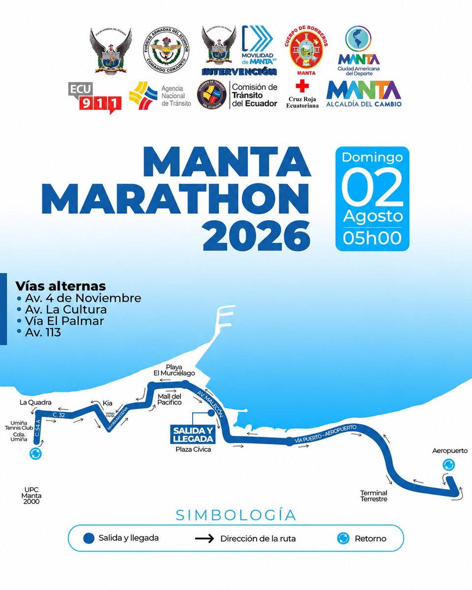 MantaAMT's tweet photo. 🏃‍♂️🏅 ¡La cuenta regresiva ha comenzado!

En este post te invitamos a conocer el recorrido oficial de la Manta Marathon 2026, una competencia que pondrá a prueba la resistencia y el espíritu deportivo de cientos de atletas.

📍 Descubre la ruta y mantente atento a nuestras redes sociales, porque muy pronto compartiremos más novedades, recomendaciones y toda la información sobre este gran evento deportivo.

#MovilidadDeManta #MantaMarathon2026