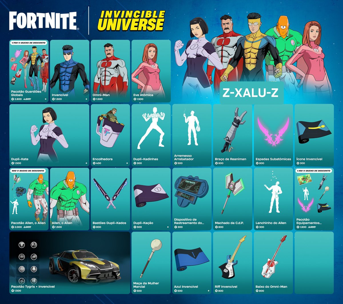 XFortnews's tweet photo. TAG: Z-XALU-Z
Uma reinterpretação do tema “super-herói”. Invencível, Omni-Man, Eve Atômica, Allen, o Alien e Dupli-Kate retornam ao Fortnite — na Loja até 28 de julho! 🔥 @todos 

💰 Considere usar meu código ‘Z-XALU-Z' se for adquirir #ad #xalu #Fortnite #EpicPartner https://t.co/huNfZLwxCH