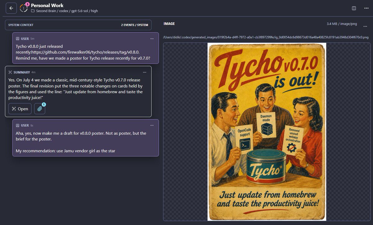 did1k's tweet photo. Tetap konsisten development tool buatan sendiri dengan cara memakainya setiap hari. Termasuk bikin poster untuk release announcement. Thanks to codex dgn gpt-image nya.
Tycho #devnote 2 https://t.co/6J34XgUHoT