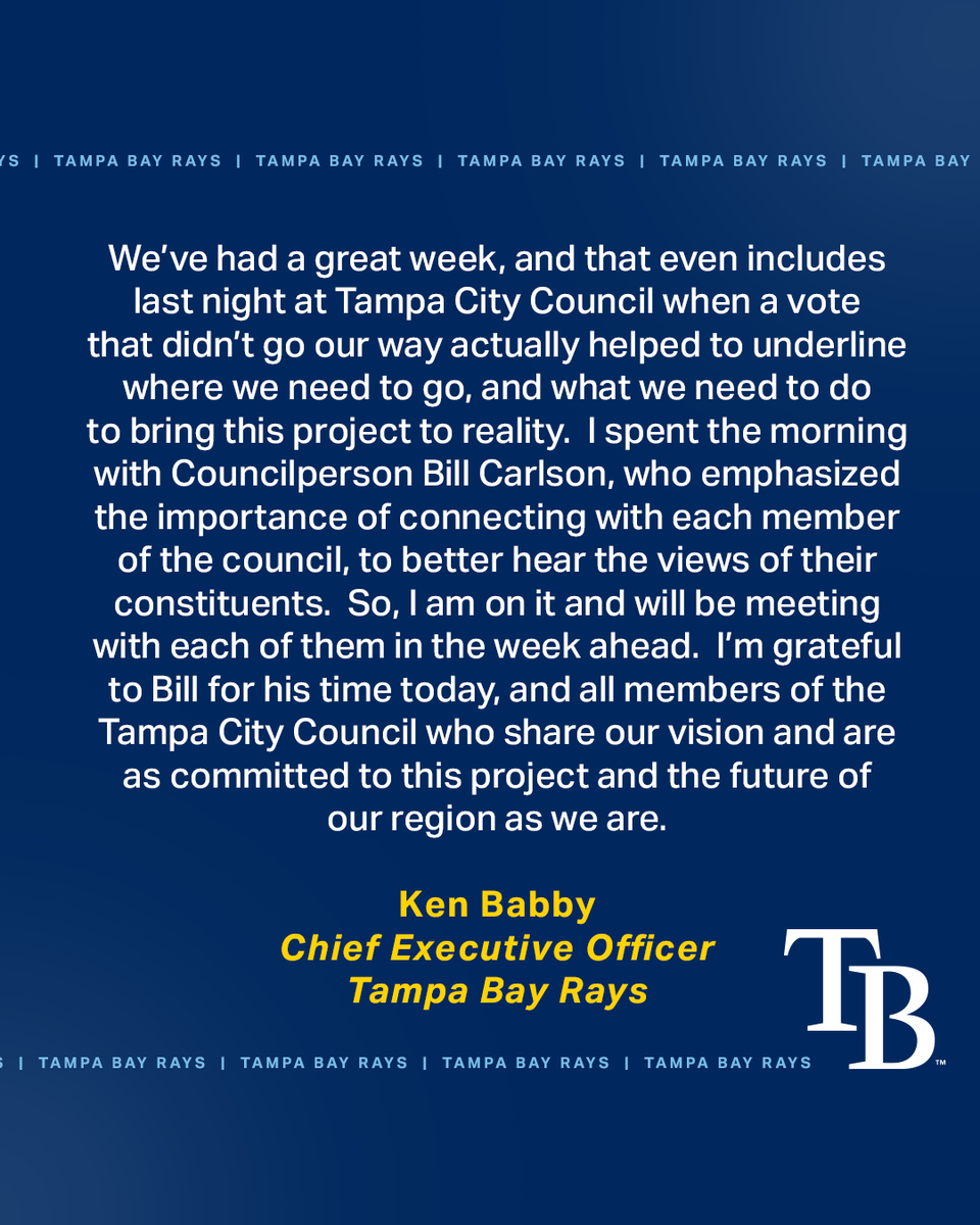 RaysBaseball's tweet photo. A statement from Tampa Bay Rays Chief Executive Officer Ken Babby regarding the @RaysForeverHome. https://t.co/CyJcuMxJTK