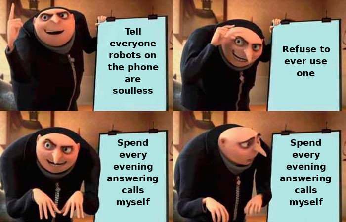 deniel120's tweet photo. We've all been Gru 😅 Swear you'll never let AI answer your phone → spend every night answering it yourself. ErzyCall picks up 24/7 and sounds human. RM49/mo. #SmallBizMY #ErzyCall https://t.co/uzXYkbzP8q