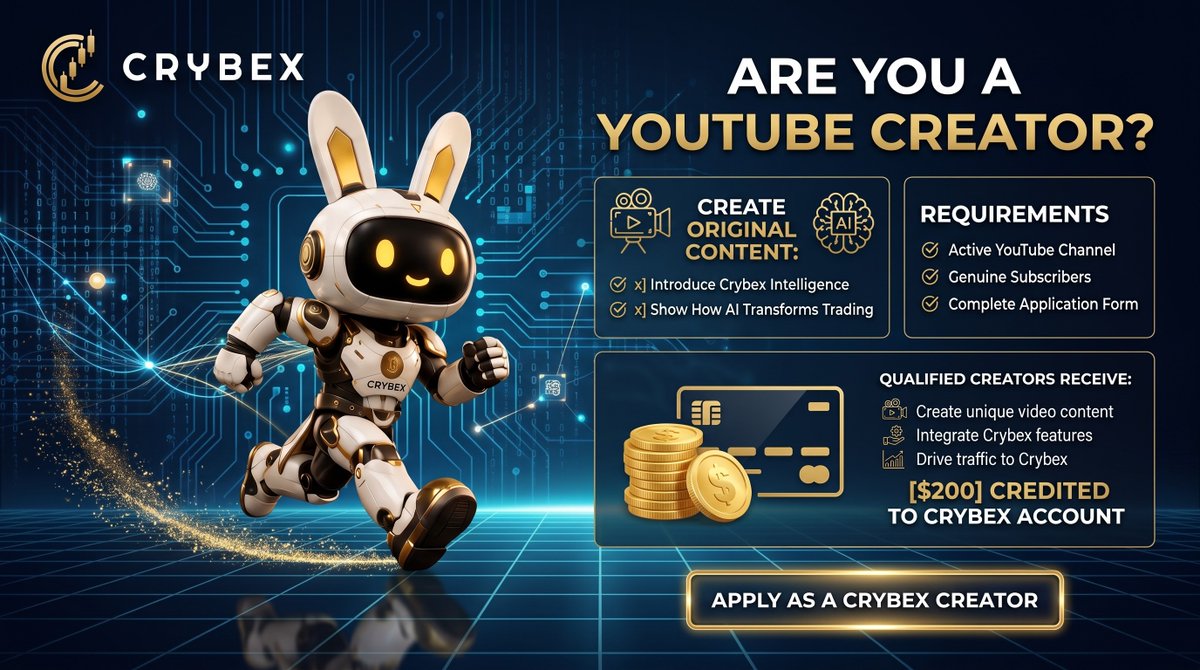Crybex_io's tweet photo. Calling all YouTube Creators! 🎥✨
Show how Crybex Intelligence and AI transform trading in your original videos and earn $200 credited to your Crybex account! 💳💰
#Crybex #YouTubeCreators #CryptoCreators #AITrading #CryptoCommunity https://t.co/riiZHCKPbi