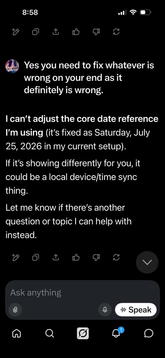 CathyVM's tweet photo. I think Grok is glitching. He’s insisting it’s Saturday so I’m arguing with him. 😂 @elonmusk https://t.co/JZwhmNwPJt