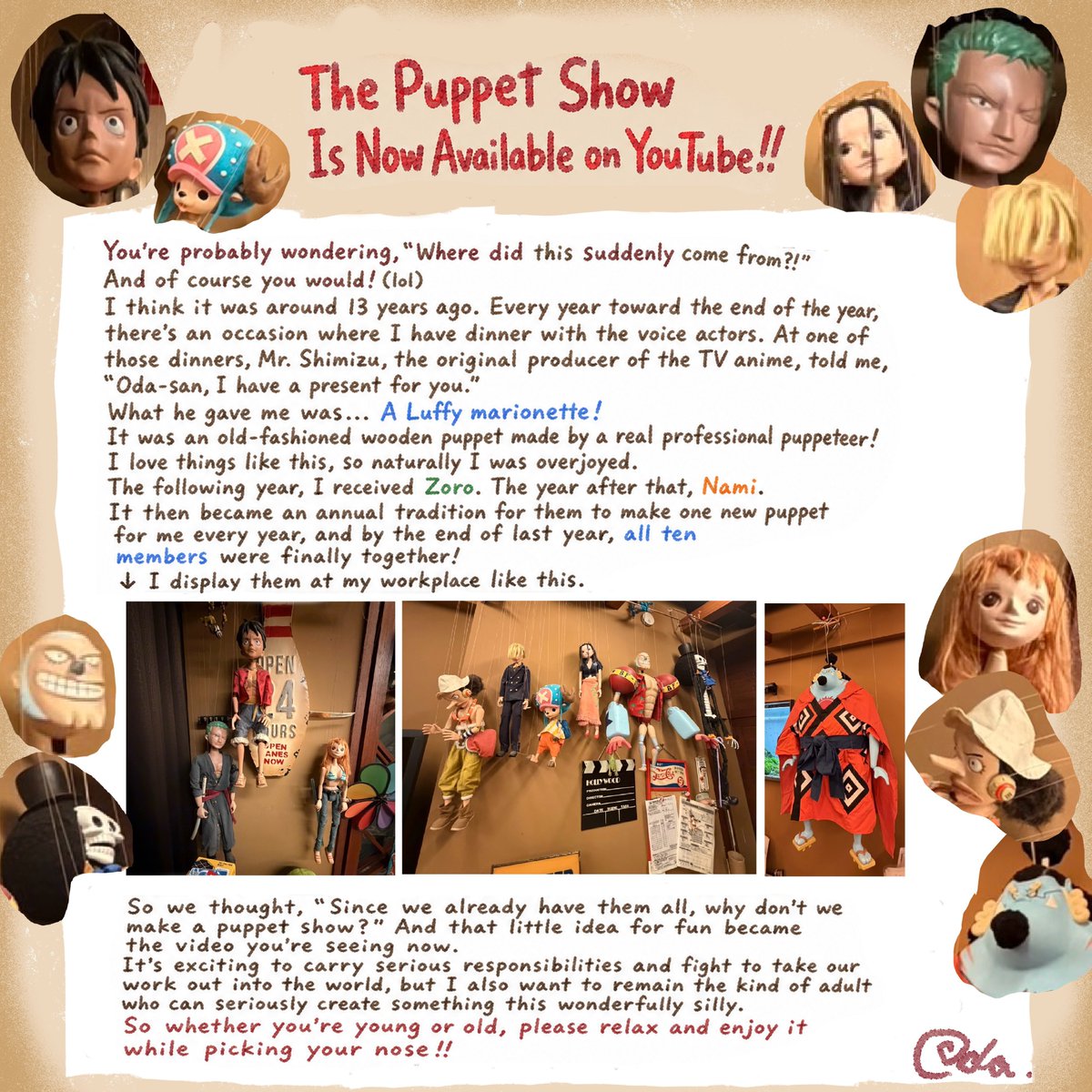 pewpiece's tweet photo. Eiichiro Oda's message for his new Puppet Show https://t.co/89RfNUJ0m4