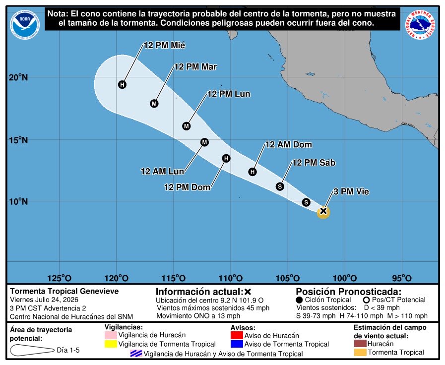 InfoMeteoro's tweet photo. 🌀SE FORMA LA TORMENTA #Genevieve

⚠️El ciclón se fortalecerá este fin de semana hasta huracán categoría 2, incluso podría ser Mayor cat 3-4 próxima semana

↖️⛈️Se desplazará distante y paralelo a costas aportando humedad al Pacífico y centro del país con fuertes lluvias de sábado a miércoles, aumentando día con día