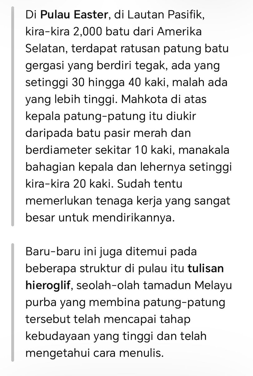 hakmal_zero's tweet photo. Riddles of prehistoric times

ms 129 - 130

Di Pulau Easter, di Lautan Pasifik ditemukan struktur di pulau itu tulisan hieroglif, seolah-olah tamadun Melayu purba yang membina patung-patung tersebut telah mencapai tahap kebudayaan yang tinggi dan telah mengetahui cara menulis. https://t.co/JPkFhU0uvi