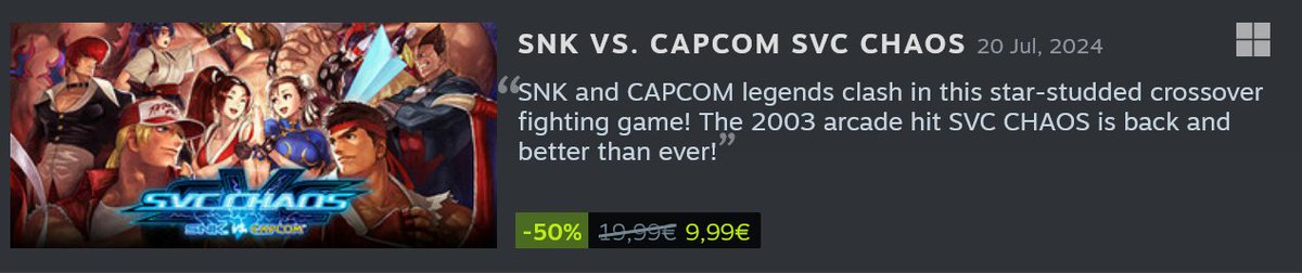 ATRyoSakazaki's tweet photo. Happy Anniversary, #SVC!
The Steam version will be 50% off (Lowest price ever) until 30 July!

https://t.co/i8BQE83pcE

#SVC #SVCchaos #SNK #CAPCOM https://t.co/2uy4MoZOVd