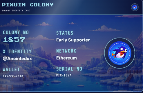 Anointedox's tweet photo. I'm officially a member of the Pixuin Colony.

Don't forget to claim your WL: https://t.co/5zrBL6nliU

@pixuinlab https://t.co/X9G0WsQuEZ