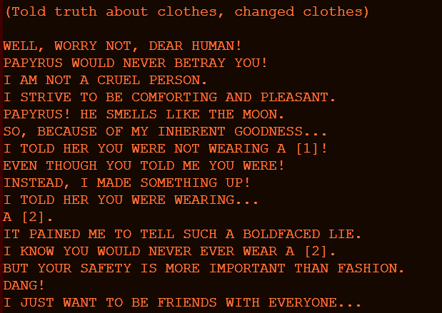 cloverlovania's tweet photo. fun fact: papyrus has different dialogue if you changed your clothes after he called about your outfit!
this seems really obvious but i've never seen it before &amp; can't find footage of it online, i accidentally stumbled on it while looking through the code https://t.co/AfaiqmW0gQ