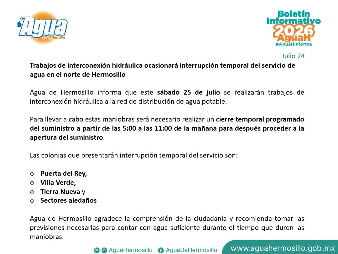 aguahermosillo's tweet photo. Aviso importante: https://t.co/ErY1XKiElo