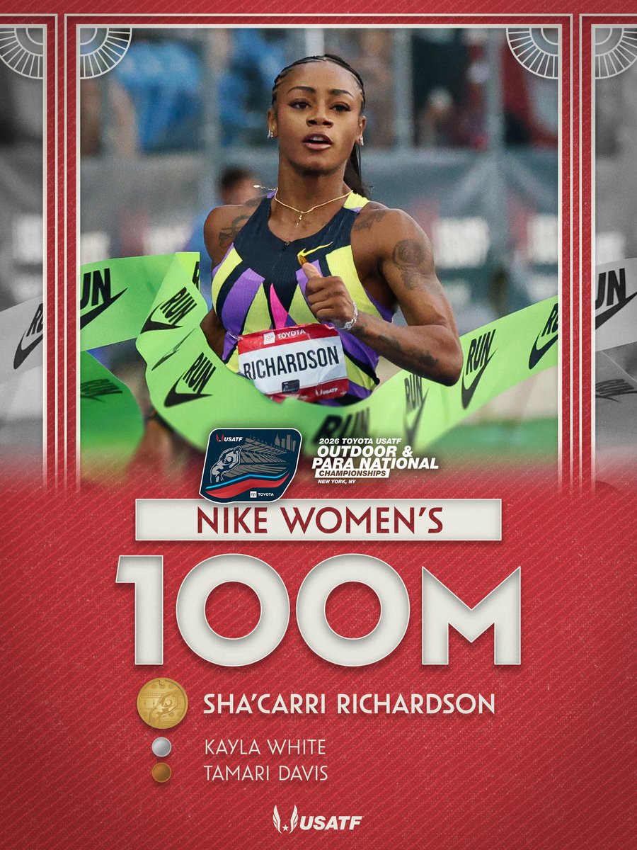 usatf's tweet photo. Sha’Carri reclaims the crown. 👑✨

@itsshacarri captured her third U.S. women’s 100m title in 10.77, matching the world No. 2 mark this season while setting a new stadium record. 👏

#TeamUSATF | #USATFOutdoors https://t.co/RXNXkAqBSM