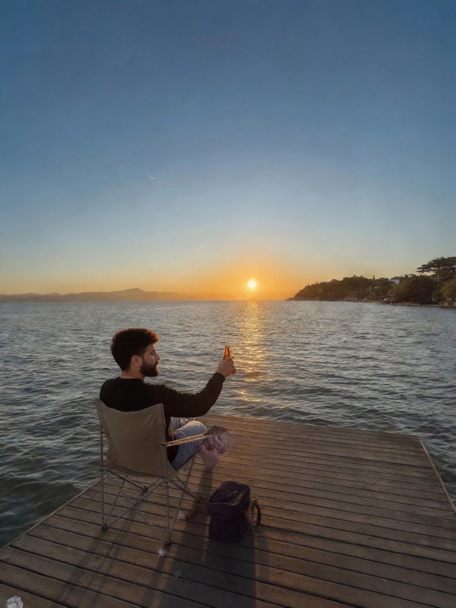 hanstenos's tweet photo. Grok Imagine prompt:

Keep the exact composition, framing, pose, lighting, setting and background of the first image: a man sitting alone on a beige folding chair on a wooden dock over calm water at golden sunset, with the sun low on the horizon casting warm orange light... https://t.co/AFpdm2w3o5