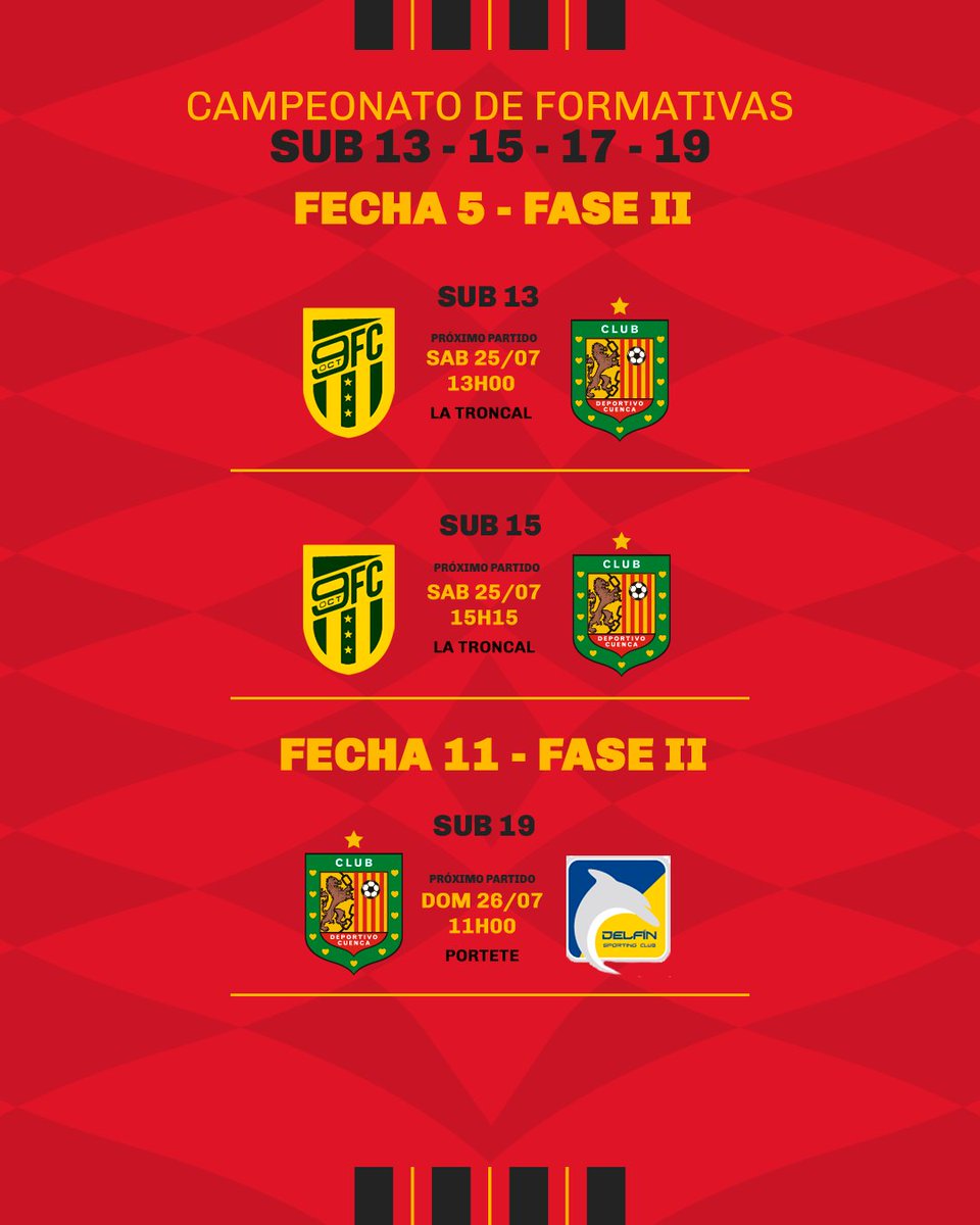 Formativas_DC's tweet photo. 🦁🔴⚫️ ¡Este fin de semana vuelven a la cancha nuestras formativas! 💪⚽

📅 Este sábado y domingo disputaremos la fecha 5 de la Fase 2 en las categorías Sub 13 y Sub 15, mientras que la Sub 19 jugará la fecha 11 de su torneo. 🔥

¡Vamos con todo, chicos!❤️🖤🦁

#VamosLeones https://t.co/bAespKg334
