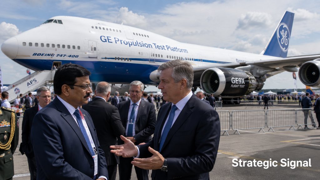 DefenseNewsIN's tweet photo. 1/4

🚨 ONE PHOTO. ONE AIRCRAFT. ONE STRATEGIC MESSAGE.

At Farnborough Airshow 2026, HAL CMD K. Ravi Kota met GE Aerospace CEO Larry Culp.

But the real story wasn’t the handshake.

It was the backdrop.

GE deliberately chose its Boeing 747 Flying Test Bed (FTB)—the world’s premier airborne engine laboratory. This aircraft has flight-tested engines like the GE9X, LEAP, and advanced prototype cores before certification.

This wasn’t just a photo.

It was a demonstration of technological depth. 🧵👇