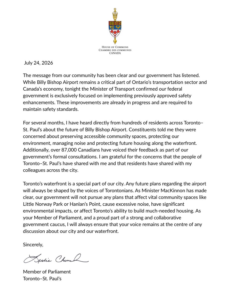 lesliechurch's tweet photo. Please see my statement on the future of Billy Bishop Toronto City Airport https://t.co/p420yuqaTR