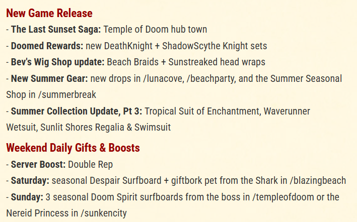 Alina_AE's tweet photo. We've got a host of dark and bright new items for you to collect this weekend! Find new Summer Drops, helms in Bev's Battleontown Wig Shop, and more!
https://t.co/q71ZFFDSoN https://t.co/Lr0yG5mt9Z