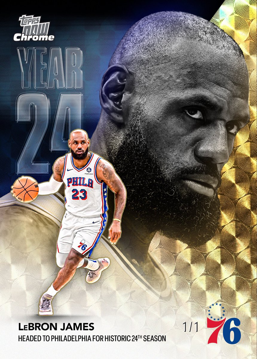 Topps's tweet photo. JUST IN: LeBron’s first 76ers trading card has already surpassed 100,000 copies sold.

This means that one collector who buys the base version will now receive LeBron’s first ever 76ers 1/1 Superfractor card. https://t.co/zlCIIjSOMv