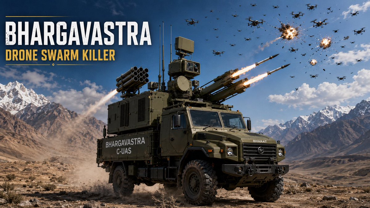 DefenseNewsIN's tweet photo. 🚨 INDIA’S NEW DRONE SWARM KILLER. 🇮🇳

Forget firing ₹3–5 crore surface-to-air missiles at ₹50,000 drones.

Bhargavastra is India’s indigenous answer to the economics of modern drone warfare.

Developed by Solar Defence & Aerospace and Economic Explosives Ltd., the system uses a two-layer hard-kill architecture:

🔹 Layer 1: Indigenous micro-rockets with a ~20 m fragmentation radius to eliminate entire drone swarms in a single engagement.

🔹 Layer 2: IIR/CCD-guided micro-missiles for precision interception of high-value, manoeuvring UAVs and loitering munitions.

The system integrates radars, EO/IR sensors, passive RF detection and open-architecture C4I, enabling rapid fire-control solutions while remaining interoperable with Akashteer and IACCS for network-centric operations.

Mounted on a highly mobile 7.5-ton 4×4 tactical vehicle, Bhargavastra is designed to defend everything from western desert sectors to high-altitude Himalayan deployments.

Strategic takeaway:

The future battlefield belongs to the side that can defeat hundreds of low-cost drones without exhausting billion-rupee missile inventories.

Bhargavastra isn’t just another air-defence system—it represents India’s shift toward layered, scalable and economically sustainable counter-drone warfare, preserving high-end interceptors for cruise missiles, fighters and other strategic aerial threats. 🇮🇳