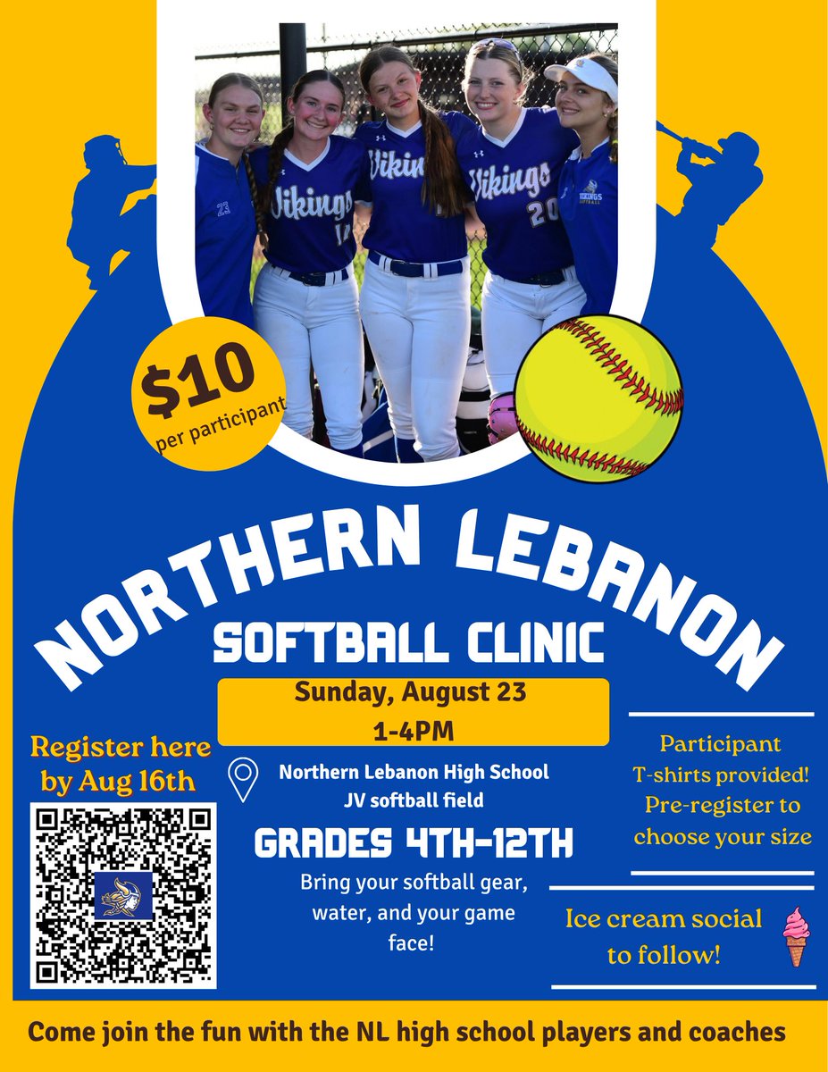 Ryhopkins2028's tweet photo. Come join the NL Hight School softball team at our first youth clinic on Sunday, August 23 from 1-4 pm! Open only to NL students in grades 4-12. You doing want to miss out on an ice cream social following the clinic! Register early by August 16th using the QR code! Go Vikings!🥎 https://t.co/juIs5DTgSm