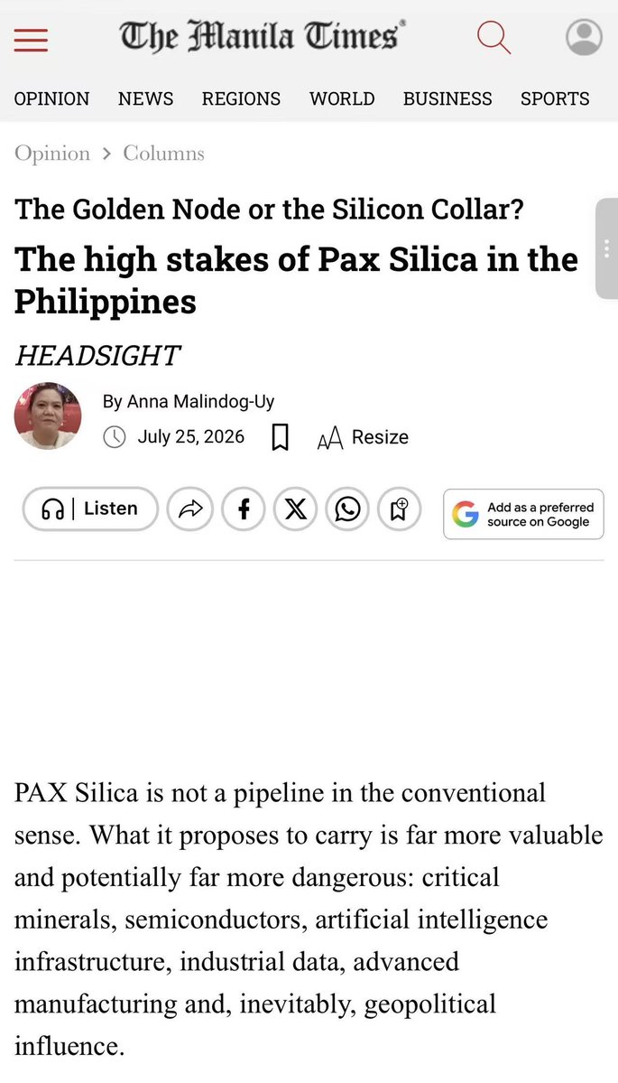 AnnaMalindogUy's tweet photo. The Golden Node or the Silicon Collar?
The High Stakes of Pax Silica in the Philippines
By: Anna Malindog-Uy
HEADSIGHT, The Manila Times

PAX Silica is not a pipeline in the conventional sense. What it proposes to carry is far more valuable and potentially far more dangerous: critical minerals, semiconductors, artificial intelligence infrastructure, industrial data, advanced manufacturing and, inevitably, geopolitical influence.

To read more, please click the link below:

TMT Link: https://t.co/ffO7lL6L7B