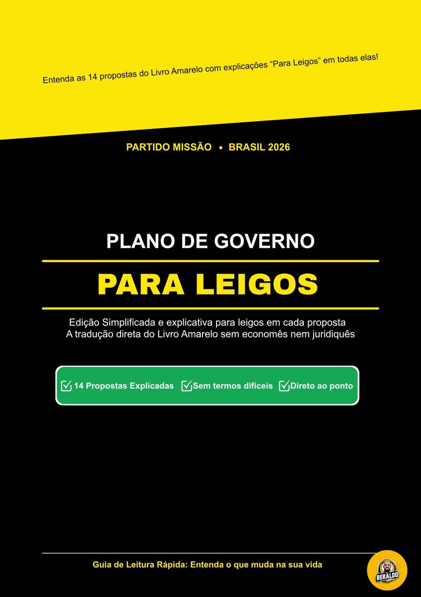 falaberaldo's tweet photo. Lancei o Livro Amarelo Para Leigos! 🟡Traduzi o plano de governo do Partido Missão para o português claro e sem juridiquês.  Uma versão tão mastigada que até seu amigo bolsonarista vai entender — e se bobear, até alguns petistas também. 😉 Segue o fio🧵 https://t.co/cUK0mDy8so