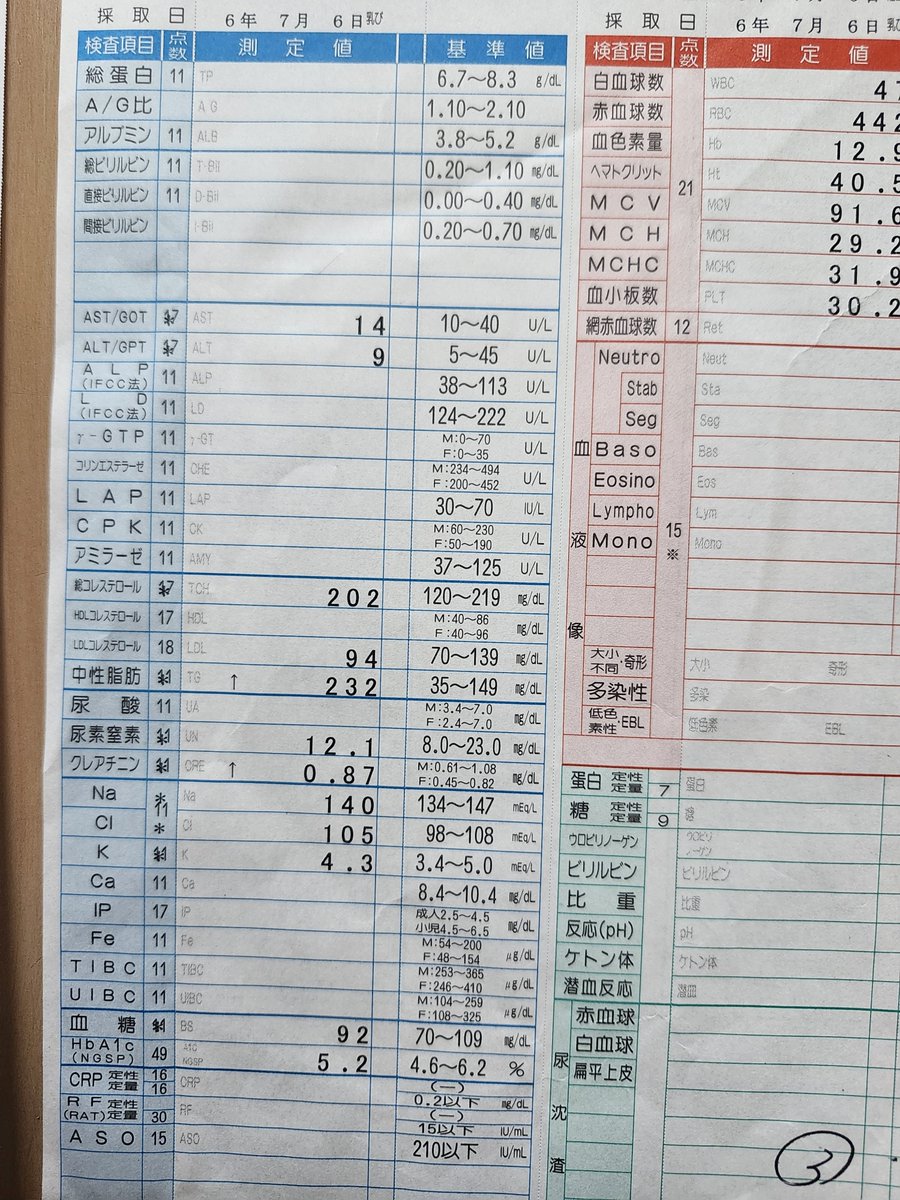 minny_hamu's tweet photo. 左　2年前の血液検査の結果
　　(中性脂肪232、血糖92)
右　今年の血液検査の結果
         (中性脂肪70、血糖78)

これがブラックな会社を辞めた一番の恩恵。給料は減ったけど、過食症が寛解して健康になった。 https://t.co/K7mtuzFF6i
