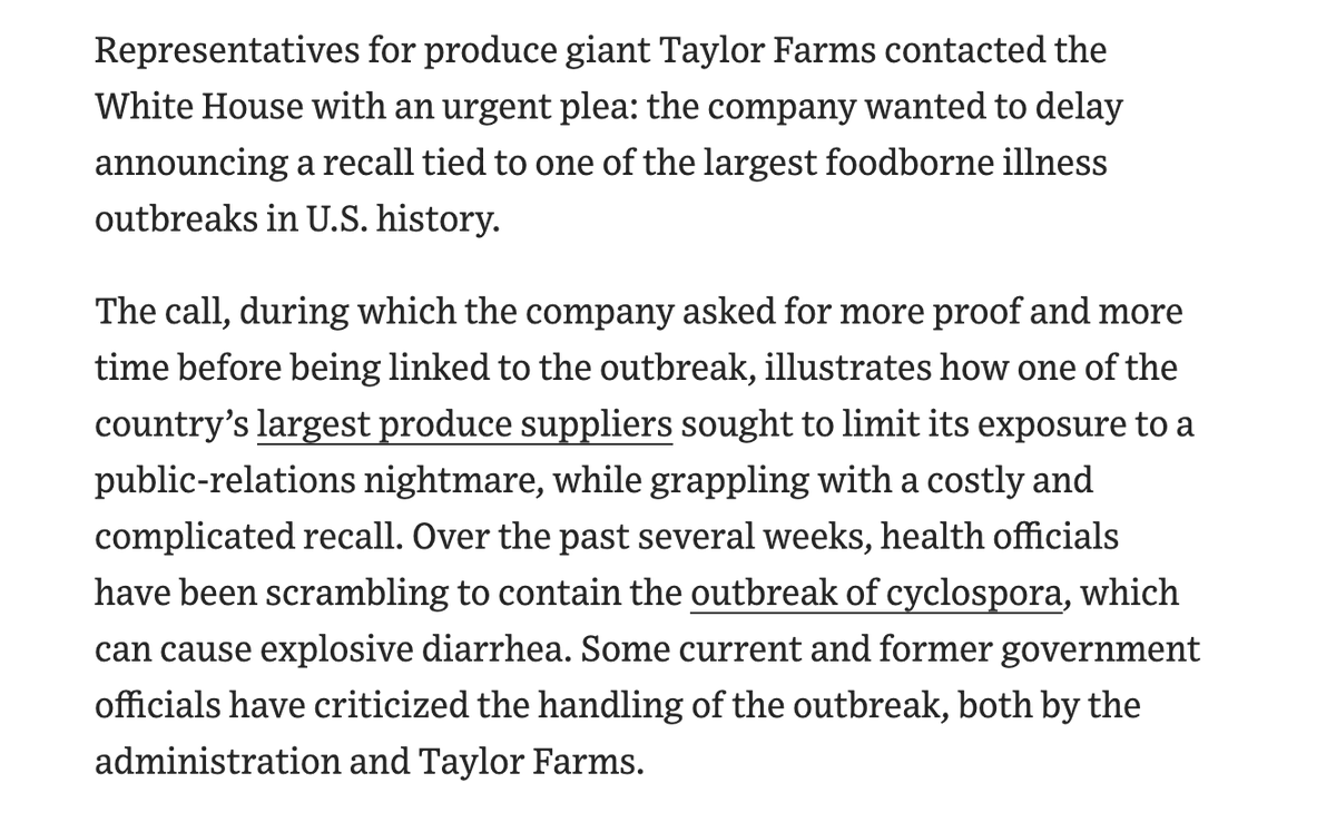 Phil_Lewis_'s tweet photo. Representatives for Taylor Farms called the White House to try to delay a recall tied to one of the largest foodborne illness outbreaks in U.S. history 

https://t.co/QHjk3PKib7 https://t.co/nf0KeNlJx8