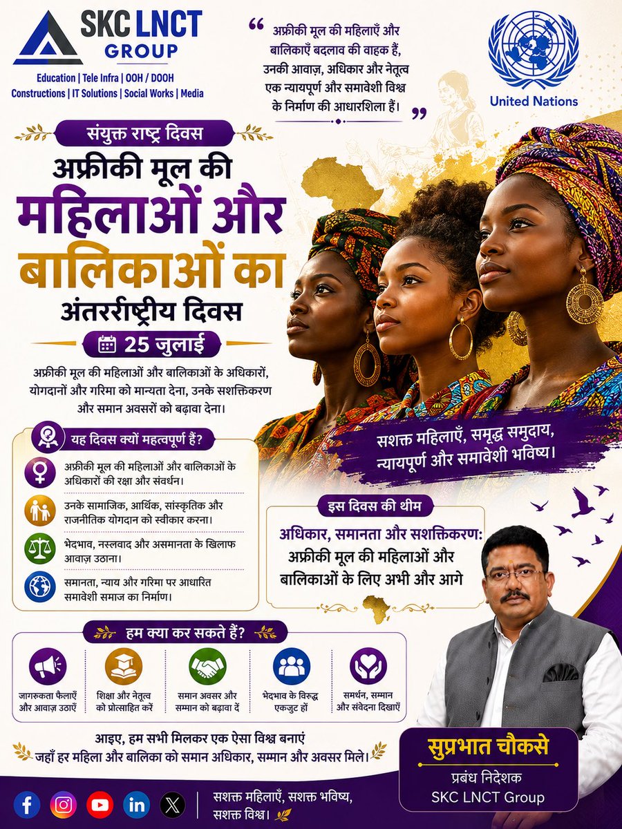 suprabhatc's tweet photo. Empowering women and girls of African descent means strengthening communities, advancing equality, and building a more inclusive future for all. 🌍✨

#WomenAndGirlsOfAfricanDescent #UnitedNations #GenderEquality #WomenEmpowerment #HumanRights #Leadership #SKCLNCTGroup https://t.co/hEmfv14fO5