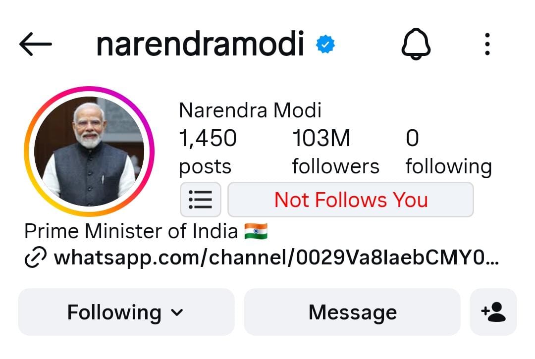 MeghUpdates's tweet photo. They say Instagram users are now ANTI-MODI.

Meanwhile, 2 MILLION more Instagram users followed PM Modi in just 2 days, taking his follower count from 101 MILLION to 103 MILLION.

=> Just two videos, &amp; the entire timeline is talking about him. 🔥 https://t.co/4MmrUeTU3k