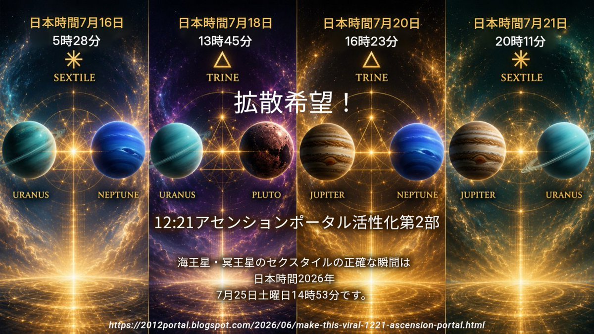 Soulwalker777's tweet photo. 12:21アセンションポータル活性化 第２部 日本時間7月25日14時53分開始 https://t.co/VFhB5UneQ3 https://t.co/KWY7t908on