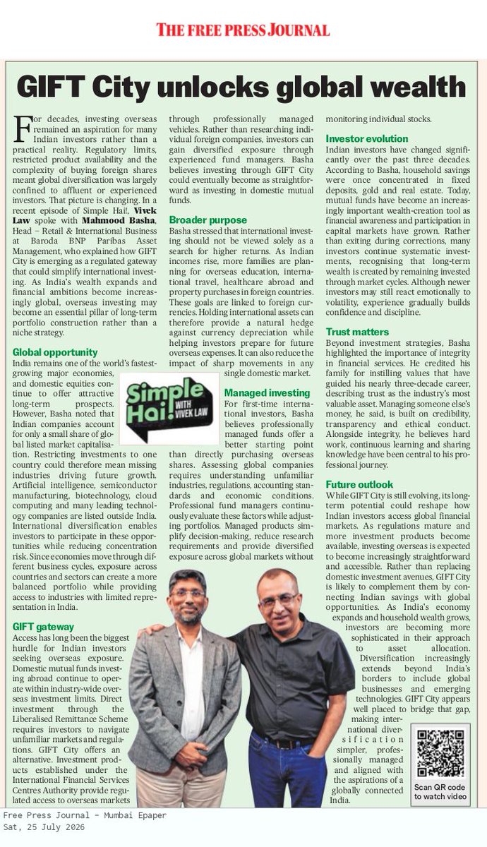 fpjindia's tweet photo. 🎁 GIFT City Could Become India's Gateway To Global Investing

👉 In a recent episode of @SimpleHaiShow, host @VivekLaw  (Editor In Chief & Co Founder, @SimpleHaiShow) spoke with Mahmood Basha (Head Retail & International Business, @BNPParibas Asset Management), about how GIFT City is evolving into a platform that could make global investing simpler and more accessible for Indian investors.

🔗 https://t.co/OjSogcwUIW

#GiftCity | #SimpleHaiShow | #FPJ