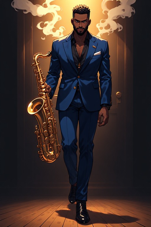 TheMarkofEvil's tweet photo. Midnight set at The Velvet Note. Malik commands the stage, bleeds into the rhythm, and enjoys a well-deserved glass of rum. 🎷🥃✨The boys are coming out on note. Hope everyone is enjoying my characters. #AIArt #OCArt #JazzVibes #TheMarkofEvilArt https://t.co/AEJj07J2AL