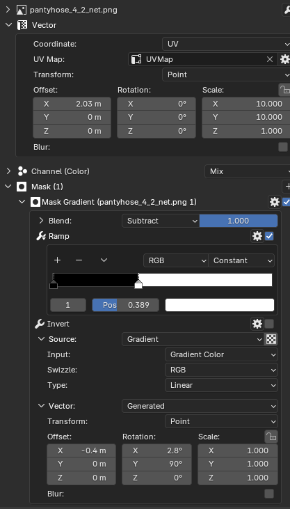 oni_polygons's tweet photo. stockings is a mesh with shrinkwrap around the body
in ucupaint you need at least 2 layers for good looking stockings - texture and mask to add shadows on sides 
to combine 2 patterns i use gradient mask
in texture setup i use color ramp with both blacks with alpha on white place https://t.co/JgvtYIiqdy