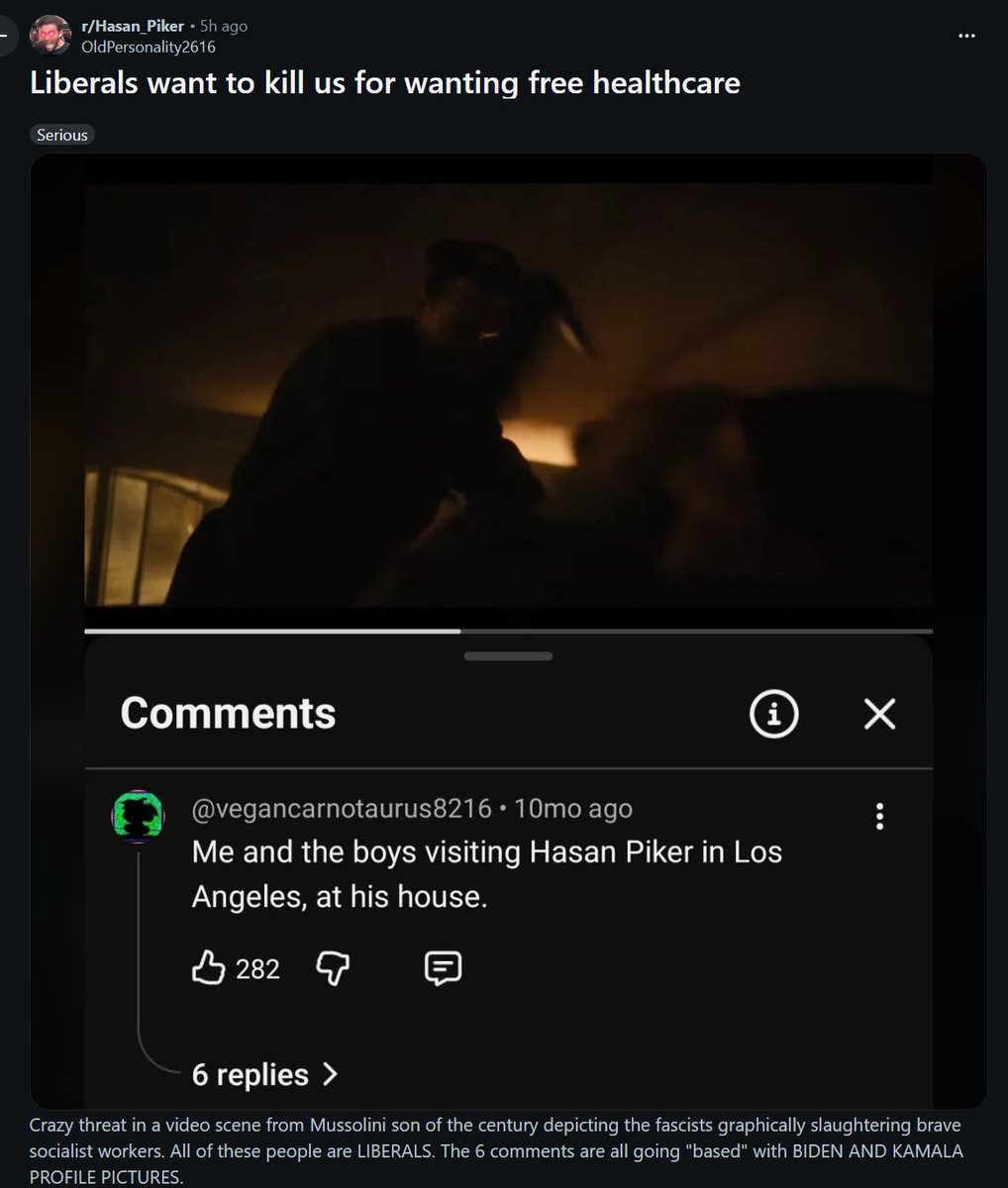TheOmniLiberal's tweet photo. Crazy r/hasan_piker post where they cry about liberals fighting with them, despite their lies ("free healthcare" lol) and despite them constantly antagonizing liberals.

Top comment complains about Democrats who act up "for some arbitrary chimp reason". They hate black people. 😬😬