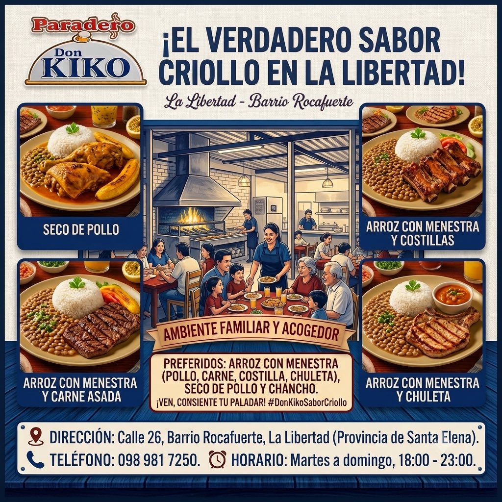 flamaca's tweet photo. "¡Si estás en La Libertad y no has probado el Paradero Don KIKO, de lo que te estás perdiendo! Aquí la parrilla siempre está prendida y la menestra sale cremosita como te gusta. ¿Se te antoja una carne asada jugosa, un pollo, chuleta, costilla o un buen seco de pollo? ¡Aquí se come bien servido y como en casa! Caile con la familia al Barrio Rocafuerte, Calle 26. ¡Te esperamos!"