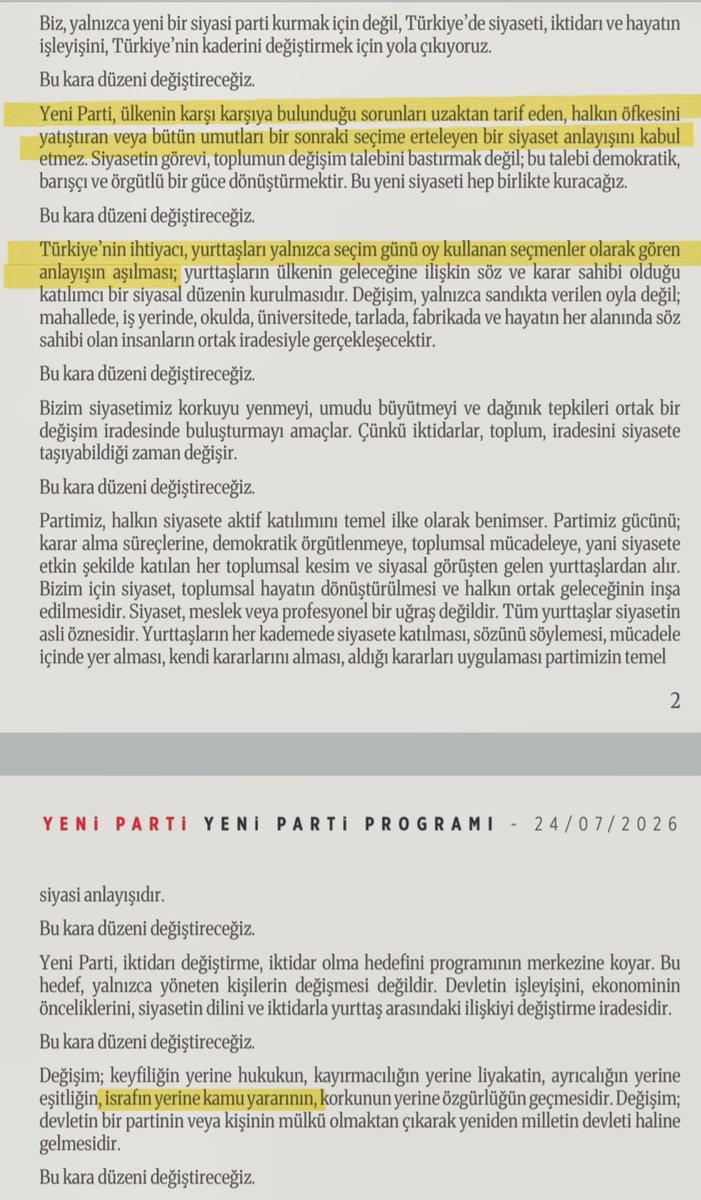 _agustoperez's tweet photo. Yeni Parti'nin programının aceleye geldiği o kadar belli ki, 2023'te Millet İttifakı'nın açıkladığı 'siyasetnamenin' özeti yapılmış

Alıntıya ve gömülü gönderiye bakarsanız, Yalçın Küçük gibi masaları yumruklayarak "Utanmadınız mı!" diye bağırmanız isten bile değil. Söylenen yeni hiçbir şey yok. Millet İttifakı'nın ve Kılıçdaroğlu CHP'sinin programını araklamışlar.

Ama birkaç garabete, yer yer utanmazlığa, insanların aklıyla ve hafızasıyla dalga geçmeye dikkat çekelim isterseniz

1️⃣ Uzak geçmiş değil

Bu kadrolar her daim AKP'nin koltuk değnekliğini yaparak kitleyi sokaktan, eylemlerden, (parti üyeliği hariç) örgütlenmekten uzak tuttu. Bunca sene seçim diyerek, sandık diyerek, demokrasi diyerek, kültürel hegemonyanın tesis edildiğinin en güzel kanıtı olan millet iradesi diyerek halkı seçim mizansenlerine figüran yaptı, umutlarını sandığa endeksledi.

Bugün burnunuzu bile dışarı çıkartamıyorsanız bunun baş müsebbibi Erdoğan değil, bunların yıllarca fink attığı CHP'dir

Hep korktular. 19 Mart'tan sonra Saraçhane'de toplanan eylemcileri, ironik biçimde Grup Yorum eşliğinde "Hadi evinize, hadi hadi!" diyerek kışkışlayan ben değil, partinin lideri Özel idi

1 Mayıs'ta büyük laflar ederek işçileri Saraçhane'ye toplayıp, sonra kuyukçusu demokratik kitle örgütlerinin ağalarını peşine takarak ansızın alandan sıvışan ve işçileri polisle baş başa bırakan da aynı kişiydi.

Bunlar en ufak bir eylemliliğe bile "AKP'ye yarar" diyerek kulp takmadılar mı? Hepsini ve cok çok daha fazlasını yaptılar. Halkın kontrolleri dışına çıkabilecek bir eylemliliğe kalkışmasından ve örgütlenmesinden deli gibi korktular, istemediler, izin vermediler.

Sadece sandık, sadece seçim dediler. Bu halka sandıktan başka vaad edebilecekleri hiçbir şeyleri olmadı.

Bunların yegane vazifesi, düzenin nam-ı hesabına halkın öfkesini yatıştırmak ve soğurmaktı. Vazifelerini de mükemmelen ifa ettiler

Ve şimdi şu cümleleri yazıyorlar programlarına

Akıllarınca da "tıpış tıpış" diyen Kılıçdaroğlu'na laf sokuyor, güya farklarını ortaya koyuyorlar. Yarın bir gün kendilerini oy vermeyenleri, ittifak kurmayan ya da peşlerine takılmayan sosyalist örgütleri vatan hainliğiyle itham etmeyeceklermiş, kitleleri sokağa çıksa, 2 saate kalmadan insanları evlerine kışkışlamayacaklarmış gibi

Sokağı bilmezler, eylem pratikleri yoktur, örgütlenmeyi bilmezler, bilseler de deli gibi korkarlar. 

O yüzden de eylemlerini, tıpkı Saraçhane'de olduğu gibi, karikatürleştirerek sönümlendirirler. Pikaçular, semazenler...

Sokak, aktivizm değildir. Biz de 2010'larda, Arap Baharı ikliminde değiliz.

Hem cahiller hem de alay ediyorlar

2️⃣ Görebildiğim kadarıyla 2 yerde "israf" geçiyor

Asla kamu kaynaklarının talanı, peşkeş çekilmesi, soyulması demiyorlar dikkat ederseniz. İmamoğlu kasten "israf düzeni" dediği için 2019'dan beri zaten demiyorlar.

Sanki vurgunla, talanla, peşkeşle, soygunla israf eş anlamlıymış gibi israrla 'israf' diyorlar 

Ve bunu yapan insanlar, sizi sandıktan sandığa süpürmeyeceğiz diyor. Kargalar güler buna

➕️