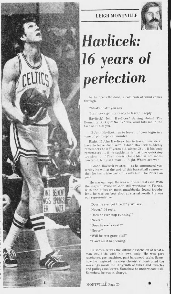 WiltStats's tweet photo. “Does he ever get tired?” 
“Never.” 

“Does he ever stop running?” 
“Never.”

“Does he ever sweat?”
“Never.”

— Leigh Montville on the legend of John Havlicek upon his retirement announcement

(Jan. 30, 1978) https://t.co/pa0ztoCP95
