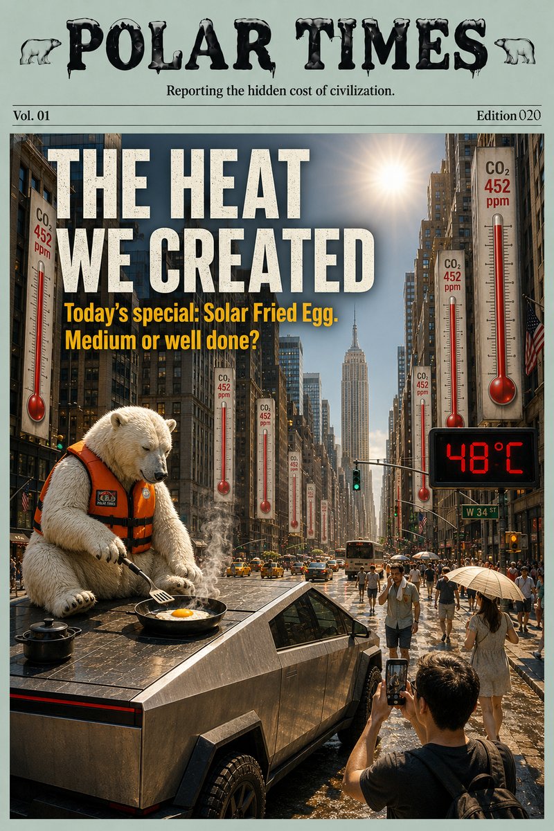 lastpenguin's tweet photo. THE HEAT WE CREATED
Today's special: Solar Fried Egg.
Medium or well done?
Polar Bear's Notes:
"It took you two hundred years to claim nature was conquered. Nature answered in a single summer.#POLARTIMES https://t.co/UxTakOjTnx