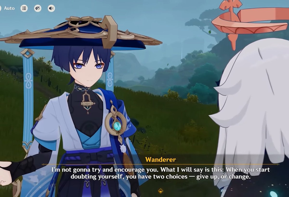 lili_wzyuu's tweet photo. wanderer and paimon heart to heart convo here was so precious sobs. the fact that he gave advice based on his own experience https://t.co/R4Mcqq1Z3B