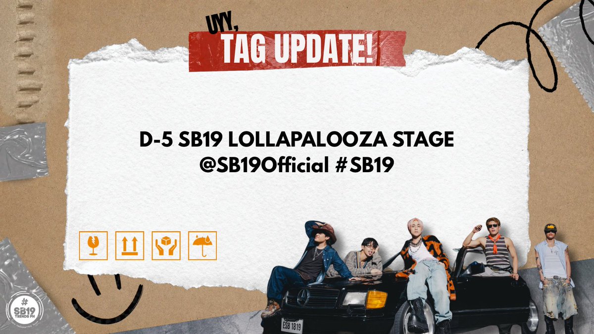 SB19TrendsPH's tweet photo. [ TAG UPDATE ]

The countdown is on…

Only 5 days until SB19 takes the #Lollapalooza2026 stage and proudly represents the Philippines on one of the world’s biggest music festivals.

UPDATED TAGS:
D-5 SB19 LOLLAPALOOZA STAGE
@SB19Official #SB19 https://t.co/hbHcTcCX33