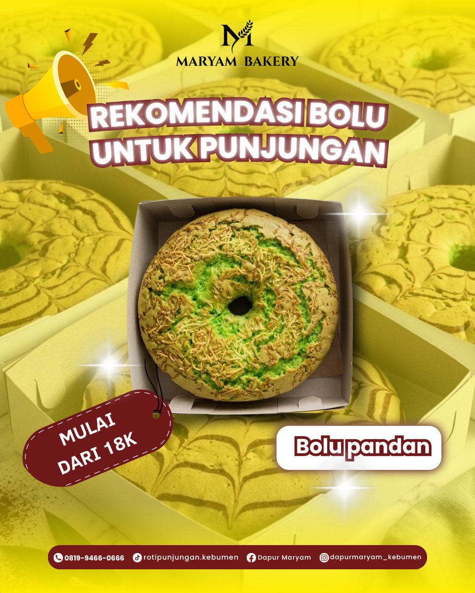 Rotimaryam_2016's tweet photo. 🌿 Rekomendasi Bolu untuk Punjungan? Bolu Pandan Jawabannya! 💚
Sedang mencari buah tangan untuk keluarga, tetangga, atau teman? 🤔
 Bolu Pandan Maryam Bakery siap jadi pilihan yang pas!

#kebumen #kebumenhits #kulinerkebumen #umkmkebumen #bolupunjungan #rotipunjungan #roti https://t.co/MWKEjlAW1G
