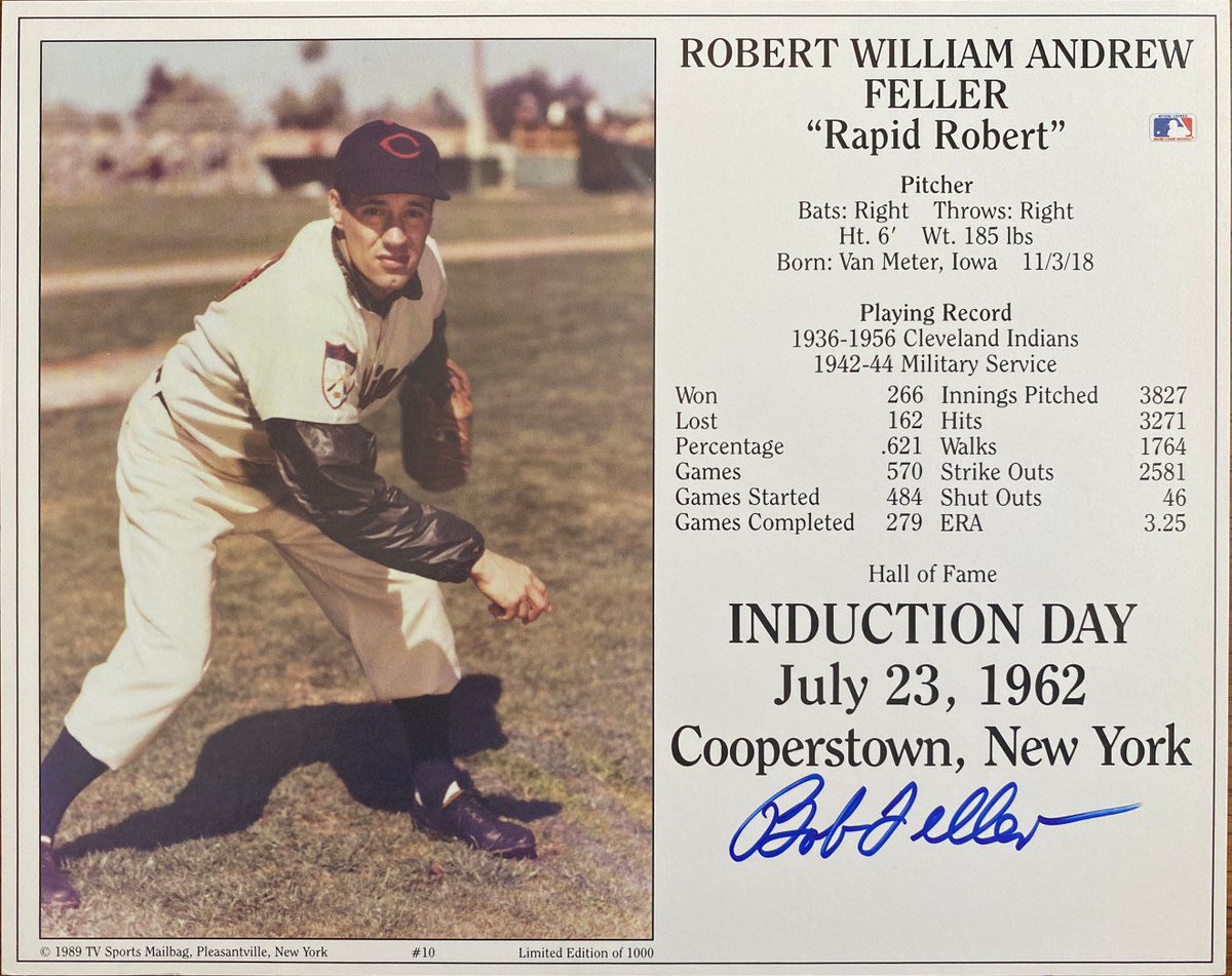 1974BBN's tweet photo. Bob Feller – Cleveland Indians – Autographed Induction Card
Bob signed this original 1989 TV Sports Mailbag Induction Card #10 in Blue Sharpie.  Limited Edition of 1000
Ex-Mint https://t.co/Y5kJmdcggy