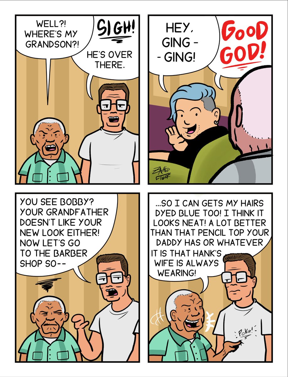 ZachieFluff's tweet photo. Saw a lot of people talking about how Cotton would feel seeing Bobby with blue hair. But if he was alive at that point in the series it would probably go something like this:

#KingoftheHill #comic https://t.co/IMJie1ApmX