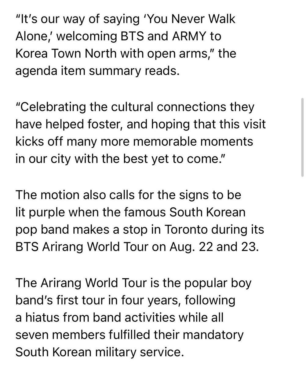 BTSxCanada's tweet photo. 📰Two city councillors proposed to temporarily rename Toronto 🇨🇦 street ‘BTS Boulevard’ during BTS ARIRANG World Tour in Toronto Aug 22- 23! 💜

“It’s our way of saying ‘You Never Walk Alone,’ welcoming BTS and ARMY to Korea Town North with open arms.”

@BTS_twt @bts_bighit https://t.co/xQBsutg5Xb