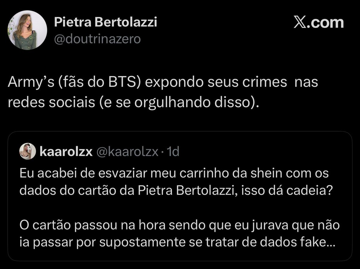 kaarolzx's tweet photo. Meu post falando que eu ESVAZIEI o meu carrinho da shein com os dados do cartão da Pietra Bertolazzi chegou nela 

KKKKKKKKKKKKKKKKKKKKKKKKKKKKK EU TO RINDO TANTO https://t.co/uzbehKLXF8